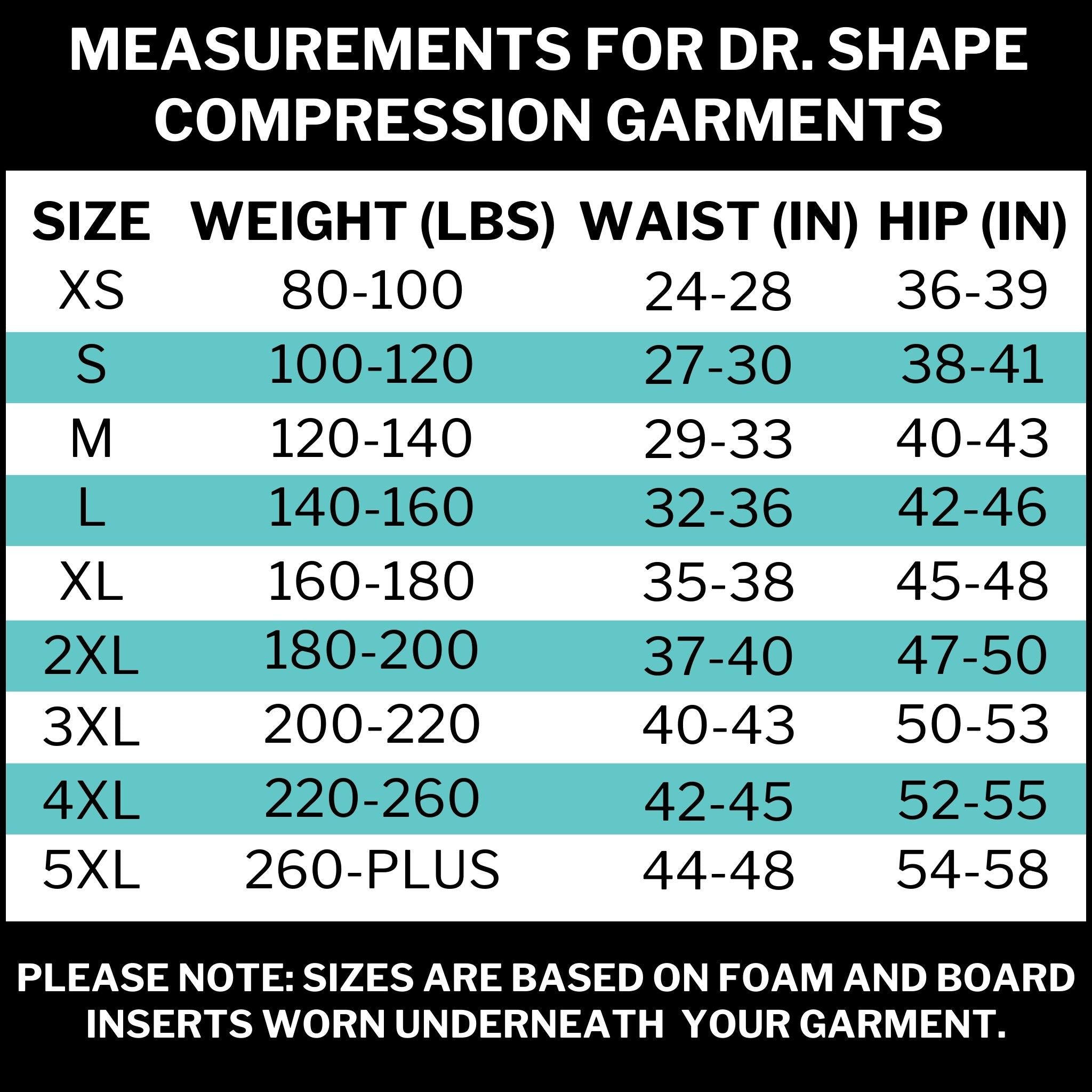 Dr. Shape Garments Size Chart