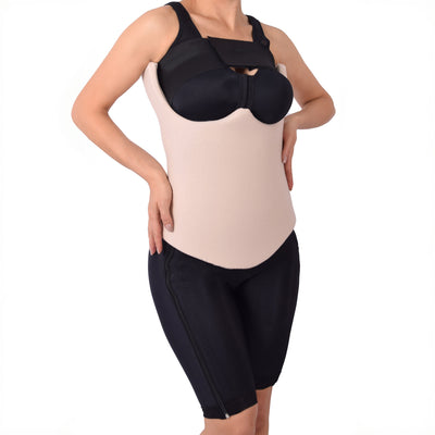 Woman wearing a beige women's liposuction compression vest, full front view