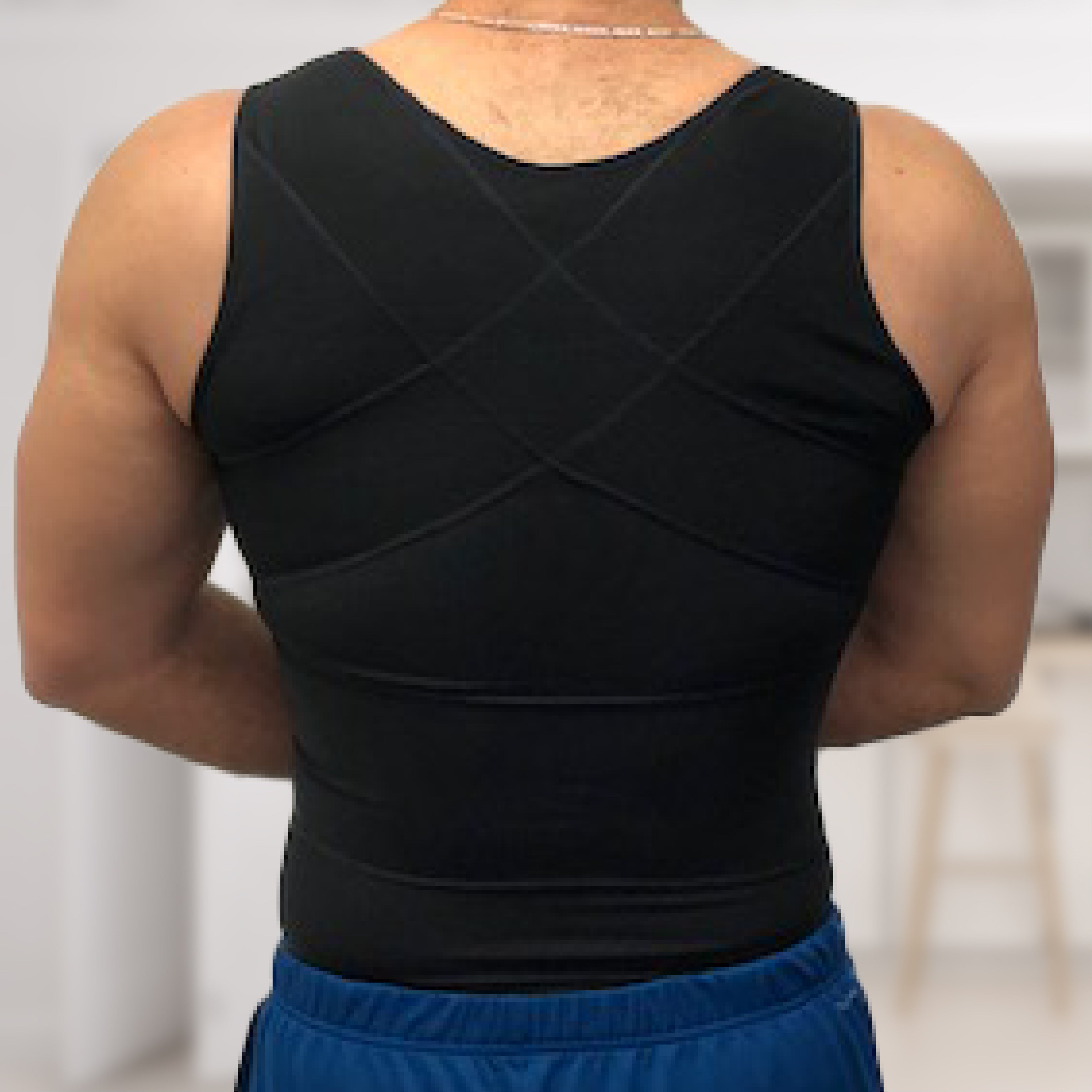 Man with black compression vest on - back view