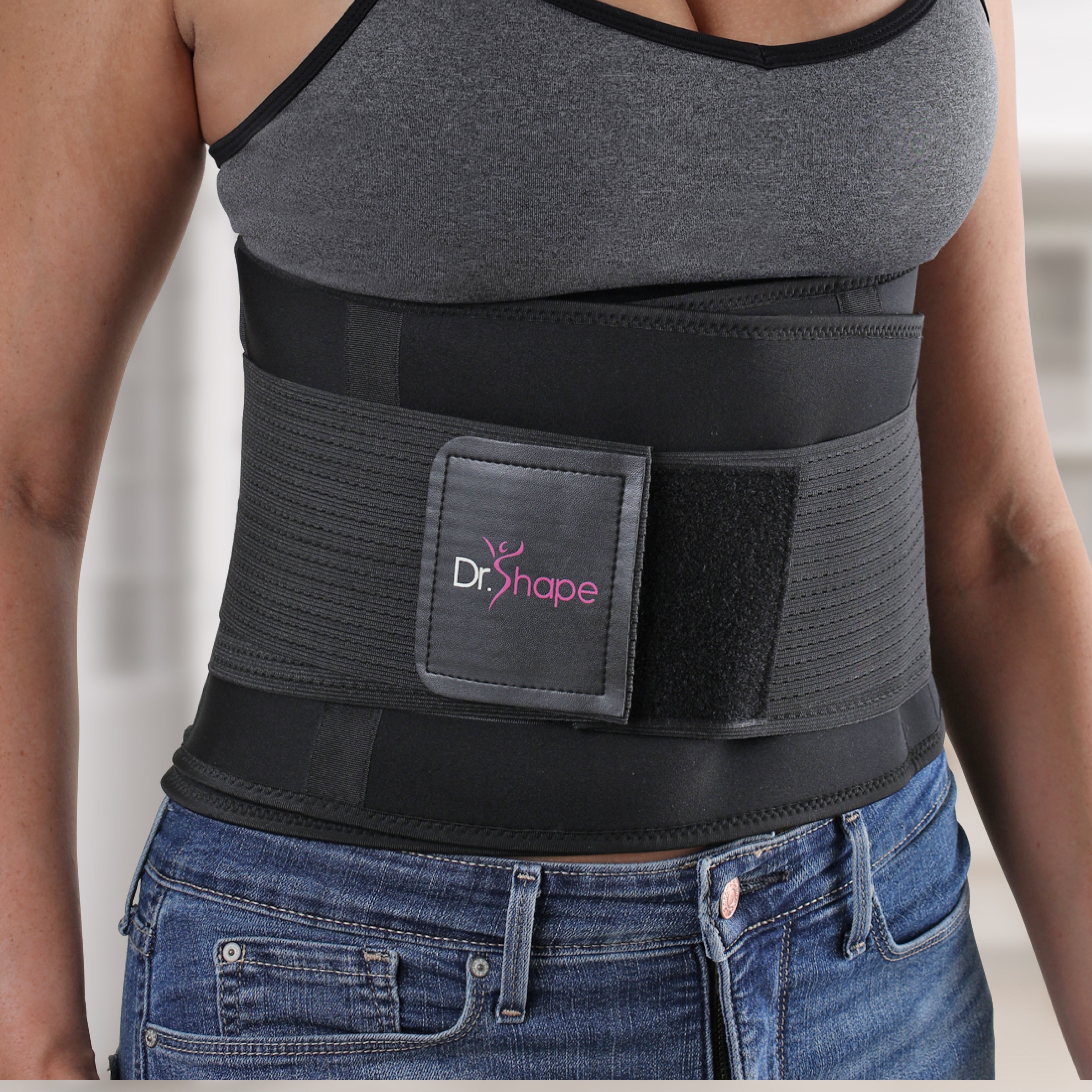 Woman wearing black waist trainer frontal view