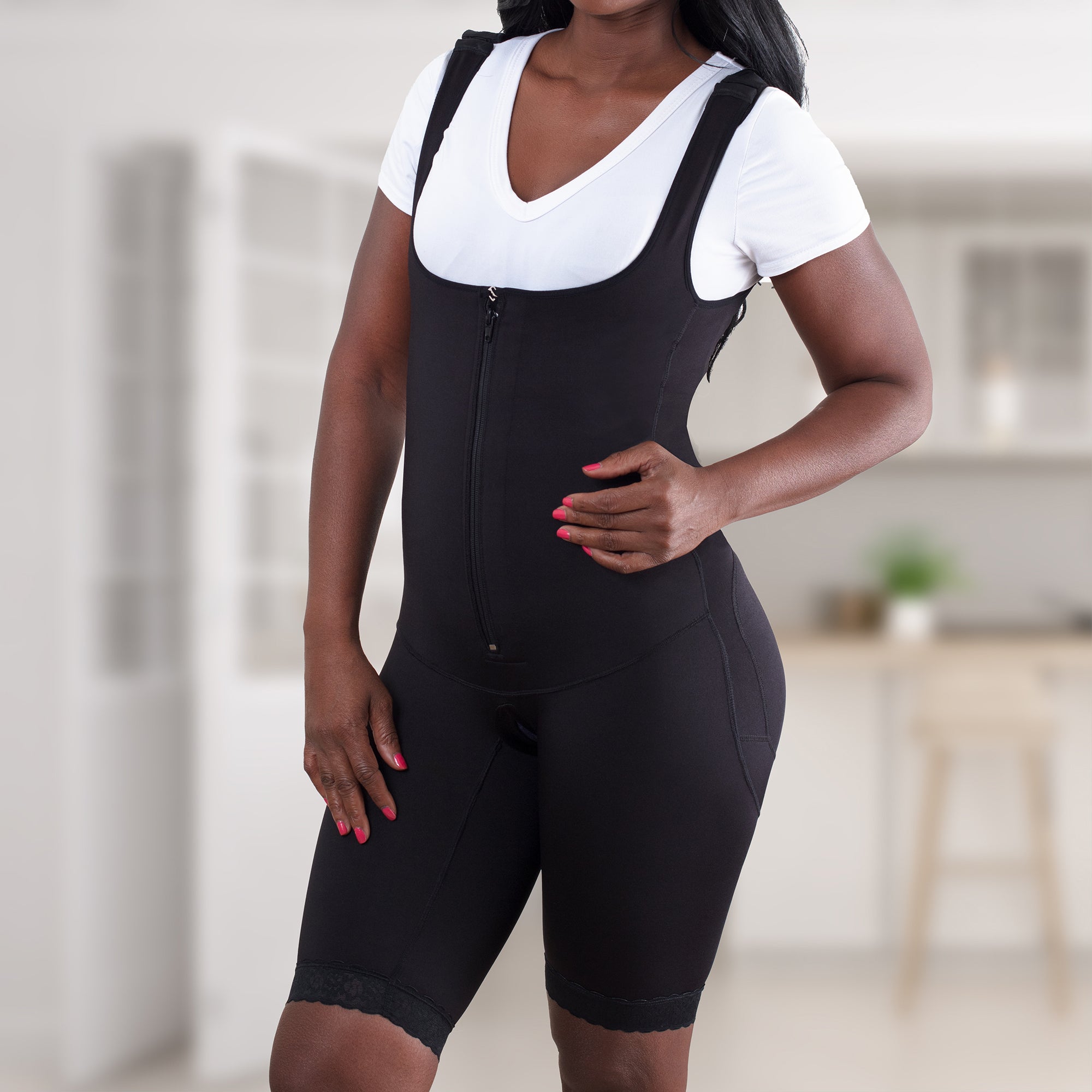 Black, mid-thigh compression body suit - front