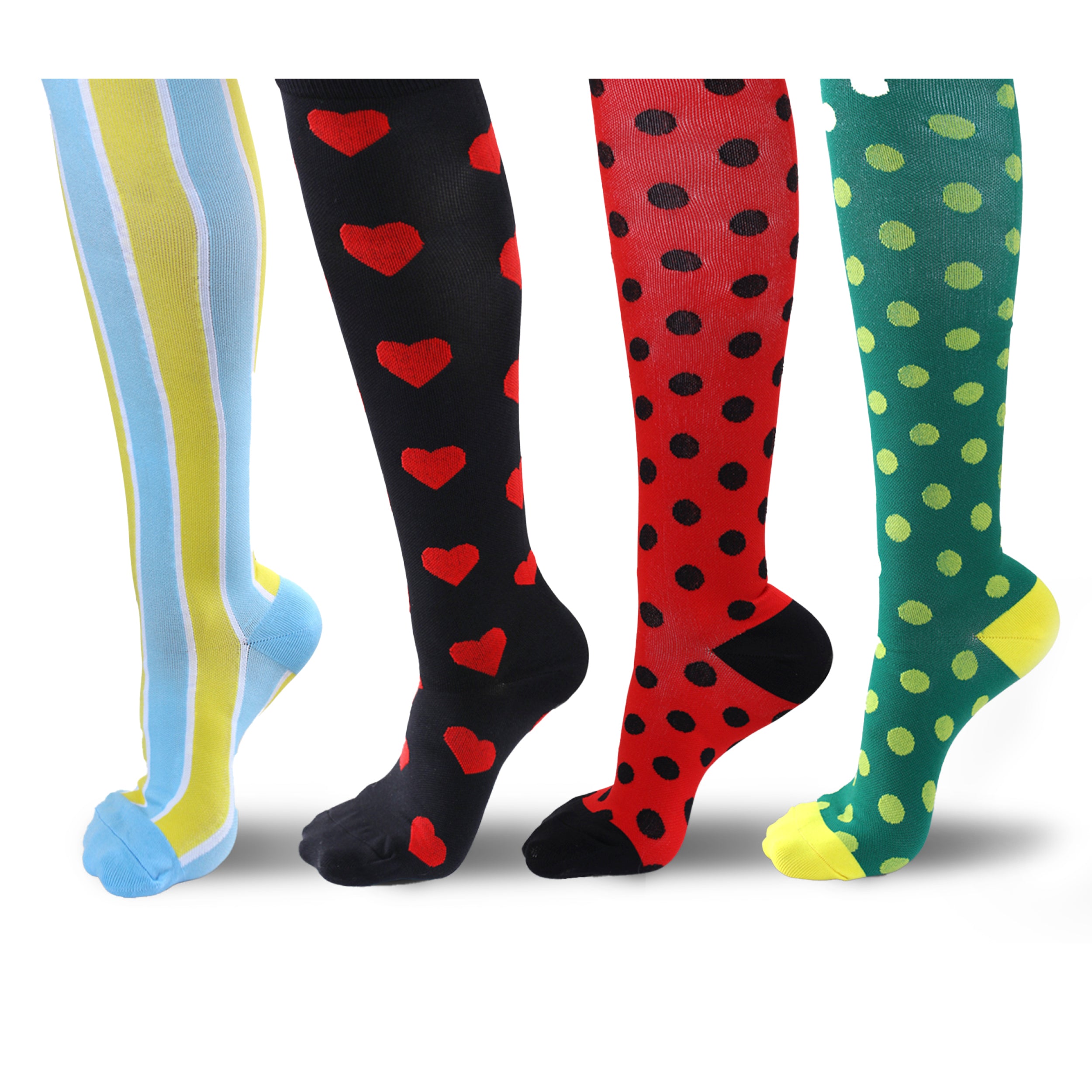 Four different colors and designs of compression socks