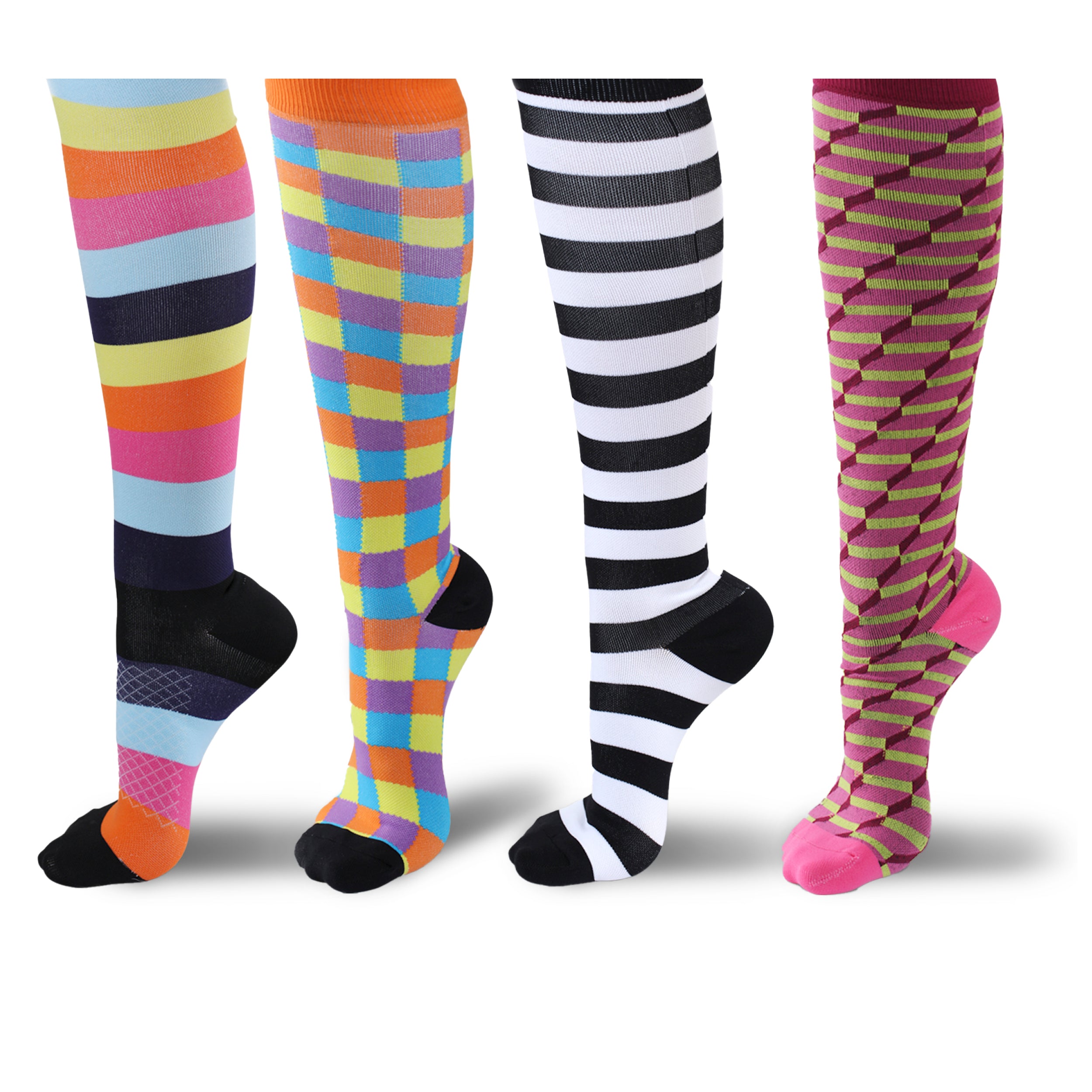 Four other different colors and designs of compression socks 
